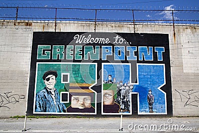 Iconic â€œWelcome to Greenpoint BKâ€ mural at the India Street Mural Project in Brooklyn Editorial Stock Photo